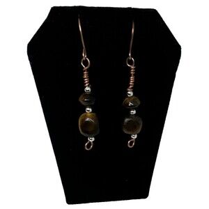 Copper And Tiger's Eye Stone Dangle Earrings Handmade Copper Ear Hooks